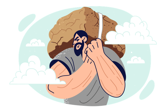 Sobrecargue al hombre con una piedra detrás de la espalda que simboliza la carga, la responsabilidad y la presión causada por el estrés  Ilustración