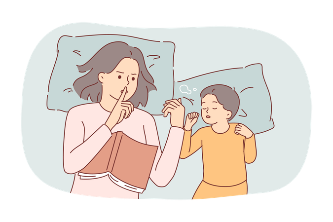 Sobreprotección de la madre haciendo gesto de silencio acostada en la cama con el niño dormido  Ilustración