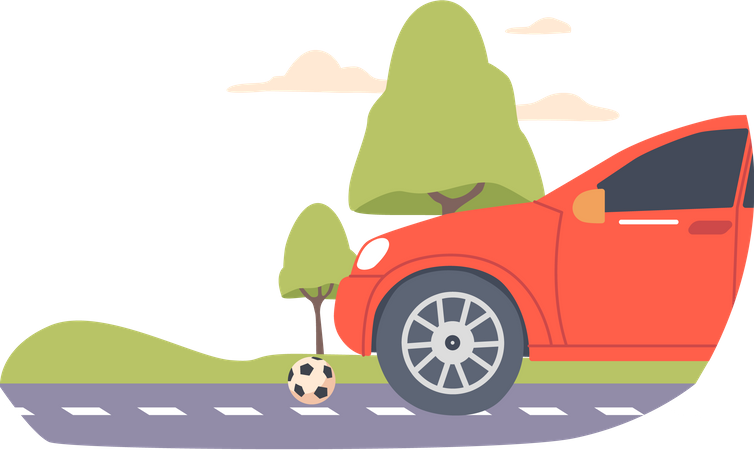 Soccer Ball lying near car  Illustration