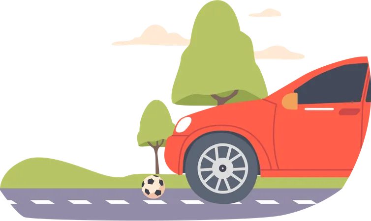 Soccer Ball lying near car  Illustration