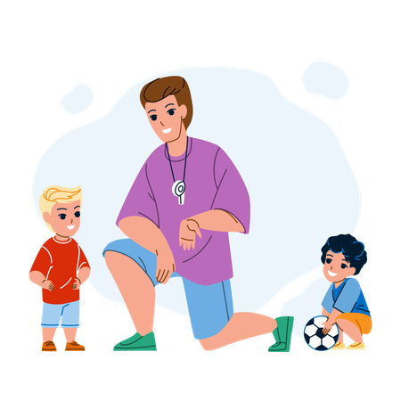 Soccer Coach is Training Children On Stadium  イラスト