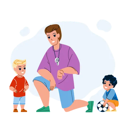 Soccer Coach Training Children On Stadium Vector Man Soccer Coach Explain Rules Of Sport Game And Study Kids On Football Playground Characters Sportive Activity Flat Cartoon Illustration Illustration