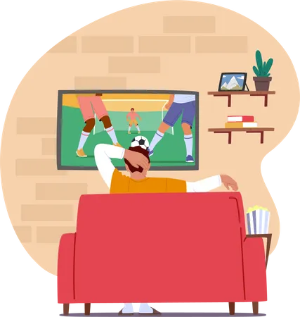 Soccer Fan Watching Football Match On Tv Sitting On Couch With Pop Corn Rear View Man Cheering For Favorite Team On Weekend At Home Male Character Sport Supporter Cartoon People Vector Illustration Illustration
