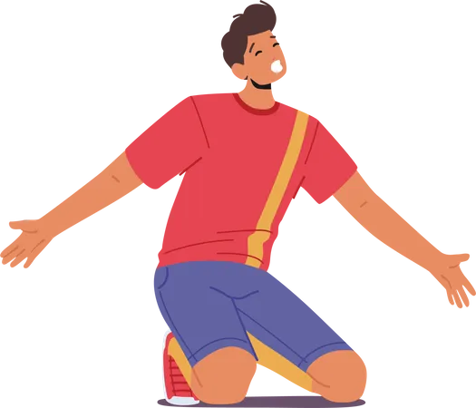 Happy Man Soccer Player Stand On Knees And Happily Yelling Sportsman In Uniform Celebrating Victory Goal Or Win Isolated Boy Character In Football Red Sportswear Cartoon People Vector Illustration Illustration