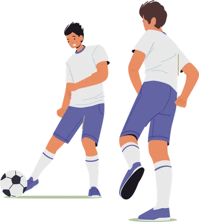 Soccer Players Kicking Ball Couple Of Young Men In Sports Uniform Practicing Football Game Male Characters Take Part In Competition School League Or Tournament Cartoon People Vector Illustration Illustration