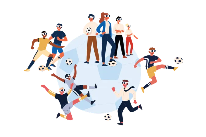 Soccer Players Wearing Virtual Reality Headsets Male Female Footballers In VR Glasses Kicking Ball Modern 3 D Digital Entertainment Technologies Concept Cartoon Sketch Flat Vector Illustration Illustration
