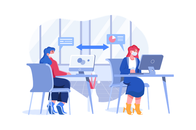 Social Distance Sitting at Office Illustration