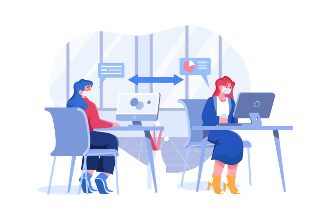 Social Distance Sitting at Office  Illustration