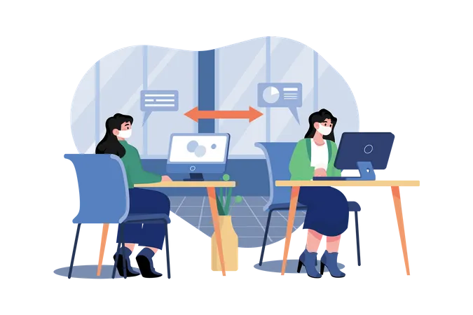Office Employee At A Safe Social Distance Illustration