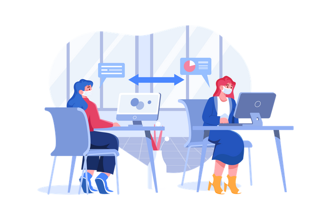 Social Distance Sitting at Office  Illustration