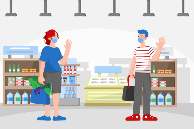 Social distancing and Wearing Mask example while in market or Mall  Illustration