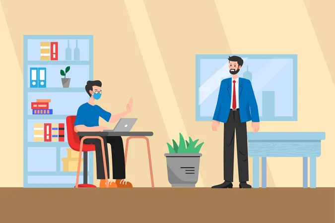 Social distancing and Wearing Mask in Office  Illustration