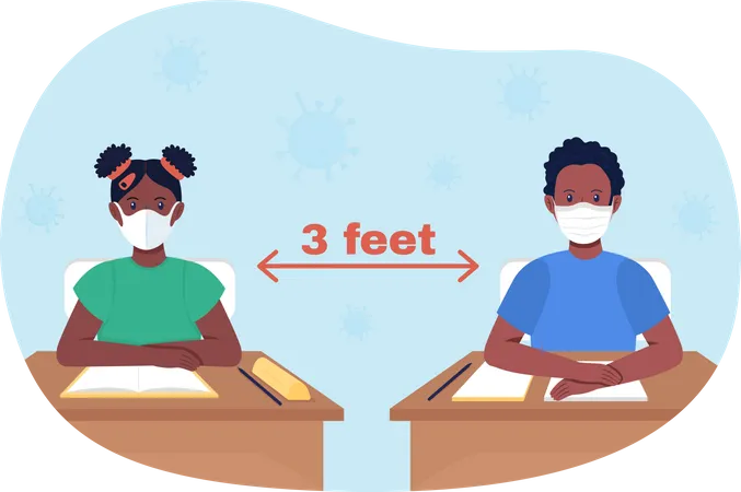 Social Distancing In School 2 D Vector Isolated Illustration Preschoolers During Quarantine Children In Mask At Table Flat Characters On Cartoon Background Safe Education Colourful Scene Illustration