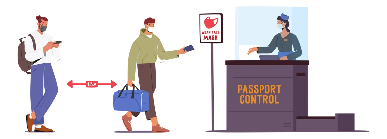 Social distancing inside airport terminal Illustration