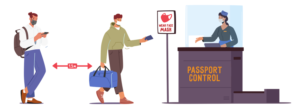 Social distancing inside airport terminal Illustration