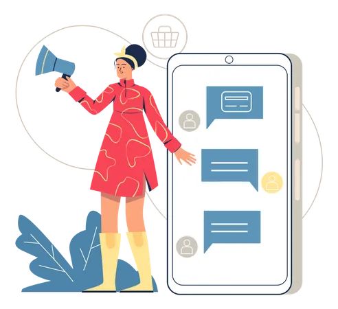 Social Marketing Web Concept Woman With Loudspeaker Makes Ad Campaign In Social Networks Promotion In Mobile Apps And Messengers Minimal People Scene Vector Illustration In Flat Design For Website Illustration