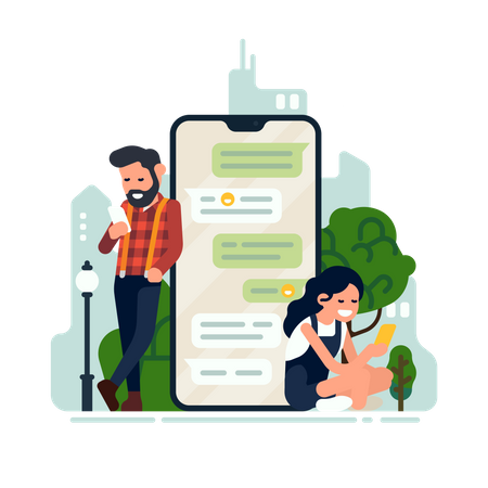 Social media and online communication with man and woman interchanging messages  Illustration