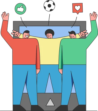 Social Media Concept Picture Of Group Of Teenagers In Mobile App With Like Icon Friends Are Communicating In Social Media Cartoon Outline Linear Flat Vector Illustration 일러스트레이션