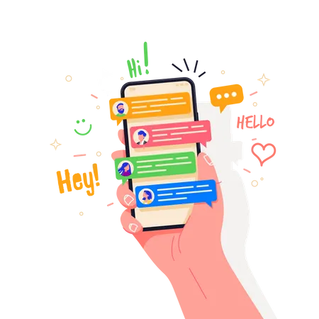 Hand Holding Phone With Short Messages Icons And Emoticons Chatting With Friends And Sending New Messages Colorful Speech Bubbles Boxes On Smartphone Screen Flat Design Vector Illustration Illustration