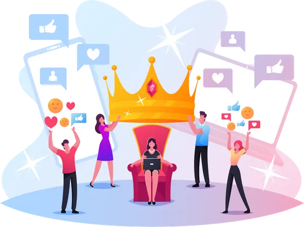 Hype Concept Tiny Male And Female Characters Put Huge Royal Crown On Woman Head Sitting On Throne Social Media Viral Or Fake Content Spreading Popularity Fame Cartoon People Vector Illustration 일러스트레이션