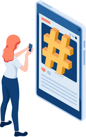 Flat 3 D Isometric Woman Using Smartphone In Front Of Hashtag Symbol On Social Media Social Media Hashtag Marketing And Advertising Concept Illustration