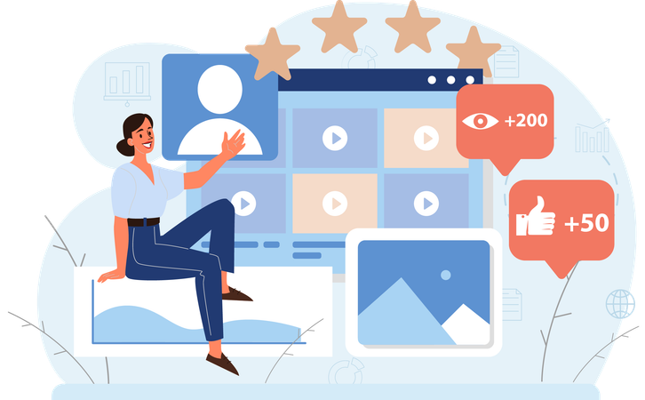 Social media influencer gaining views and likes on social media  Illustration