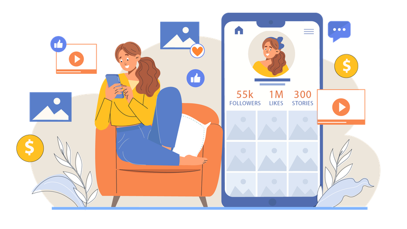 Social media influencer looking at profile numbers  Illustration