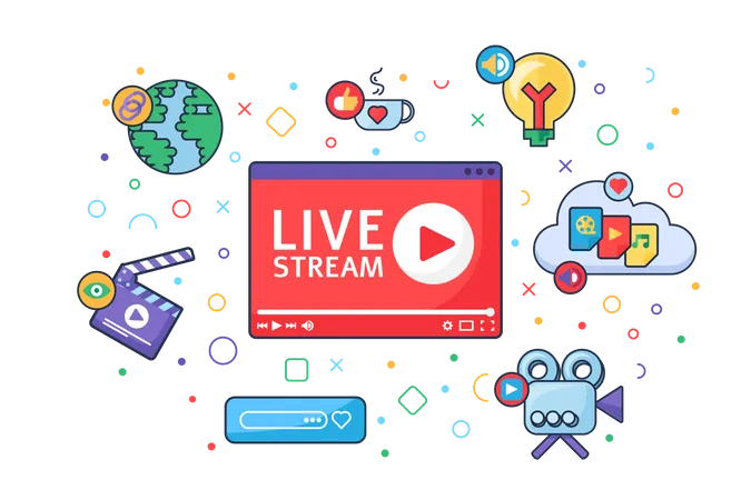 Live Stream Producing Tools Concept Icon Social Media Idea Semi Flat Illustration Online Broadcast Symbols Modern Cover Design Vector Isolated Color Drawing Illustration