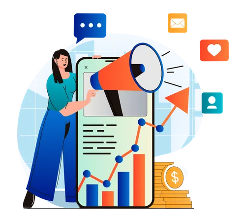 Social Media Marketing Concept In Modern Flat Design Woman With Megaphone Attracting Audience And Analysis Data Of Advertising Campaign Online Promotion In Mobile Applications Vector Illustration Illustration