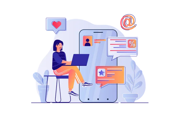 Social Media Marketing Concept With People Scene Woman Making Promo Posts And Promo Mailing Using Mobile Application Online Promotion Vector Illustration With Characters In Flat Design For Web Illustration