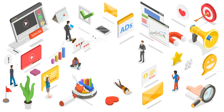 3 D Isometric Flat Vector Conceptual Illustration Of Social Media Marketing Digital Advertising Campaign Illustration