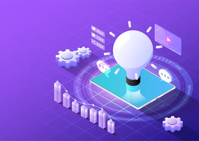 3 D Isometric Web Banner Tablet Computer With Idea Light Bulb And Social Media Marketing Icon On Purple Background Digital Marketing Concept Illustration