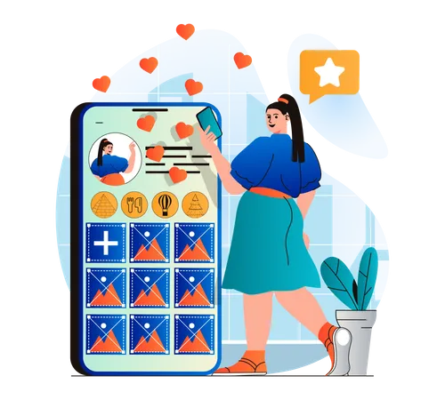 Social Network Concept In Modern Flat Design Woman Has Personal Blog On Social Media Publishes Posts With Photos And Shares Information With Followers Online Communication Vector Illustration Illustration
