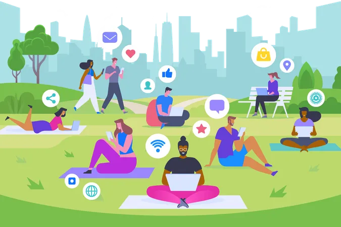 Social Media Recreation Flat Vector Illustration Happy Men And Women In Park With Gadgets Cartoon Characters Modern Leisure Trendy Pastime Online Lifestyle Concept Young People Surfing Internet Illustration