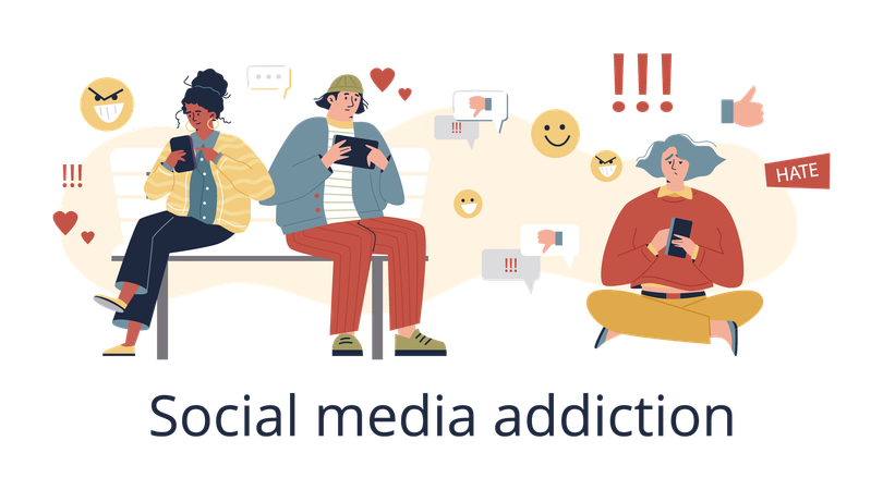 Konzept der Social-Media-Sucht mit Menschen, die Smartphones nutzen  Illustration