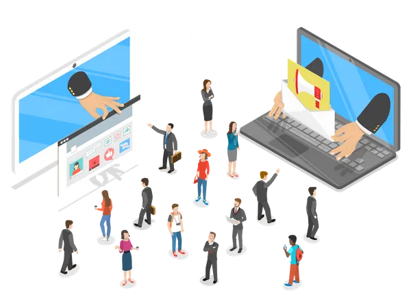 Social Media Vs E Mail Marketing Flat Isometric Vector Two Devices With Different Digital Marketing Way Are Trying To Capture The Attention Of The Crowd Of People Illustration