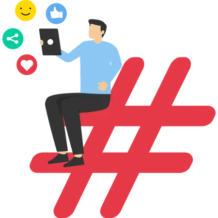 Social Network Concept With Hashtag Sign On Phone And People Characters Minimal Vector Illustration Outline Design Style For Landing Page Web Banner Infographic Hero Image And Vector Illustration 일러스트레이션