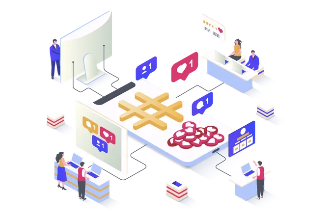 Social Network Concept In 3 D Isometric Design Online Communication Subscriptions To Profiles And Blogs Likes Shares Of New Posts Vector Illustration With Isometry People Scene For Web Graphic Illustration