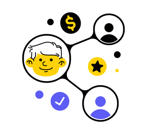 Social network diagram depicting connections and achievements in business  Illustration