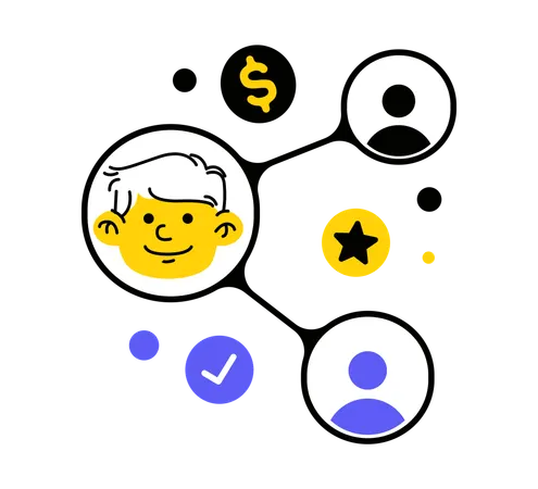Social network diagram depicting connections and achievements in business  Illustration