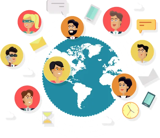 Social Network And Teamwork Concept In Flat Design Avatars Of Men And Women With Devices For Communication Between Business People On A Background With Planet Vector Illustration イラスト