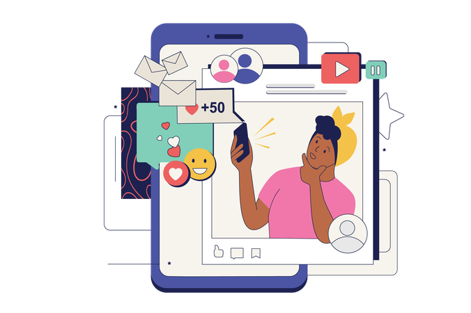 Social networking concept in flat neo brutalism design for web. Woman browsing and chatting in app, reacting with emoji on new posts.  Illustration