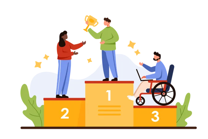 Discrimination Ableism Bias In Society Social Prejudice Against Office Employee With Disability Tiny People Standing On Winners Podium Woman In Wheelchair In 3 Place Cartoon Vector Illustration Illustration