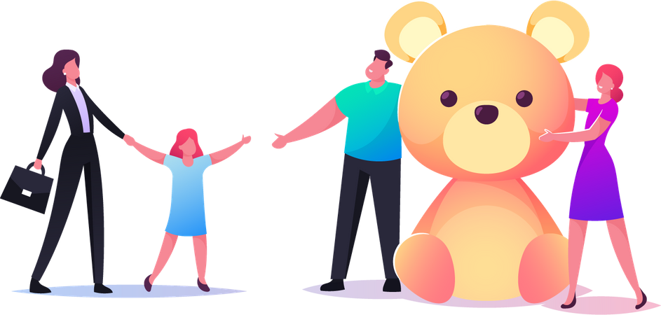 Social Worker Bringing Orphan Child to New Parents with Huge Soft Bear Gift  イラスト