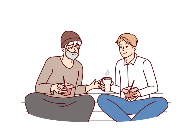 Successful Man Is Having Lunch With Homeless Person Treating Needy Person With Food For Concept Of Social Inequality Homeless Man Asks For Advice About Businessman In Hope Of Improving Life Illustration