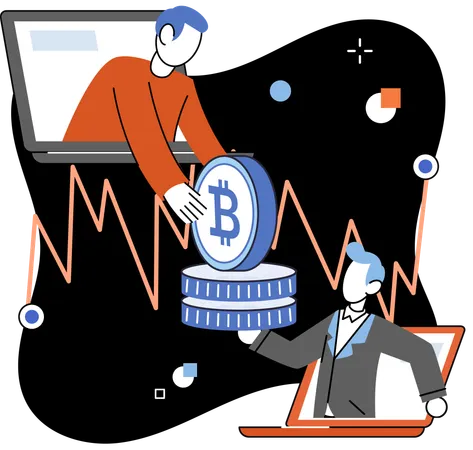 Socios comerciales intercambiando dinero bitcoin  Ilustración