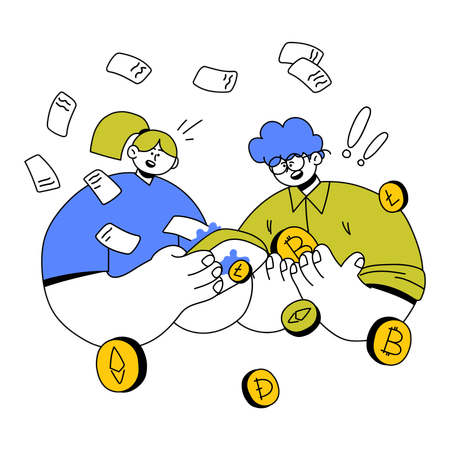 Los socios venden monedas Bitcoin en línea  Ilustración