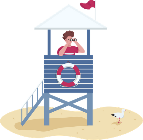 Salvador com binóculos na torre de salva-vidas  Ilustração