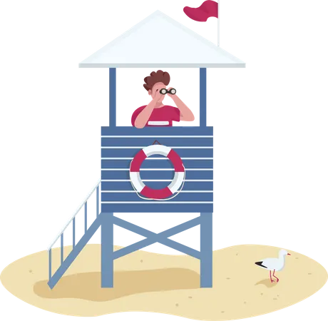 Salvador com binóculos na torre de salva-vidas  Ilustração