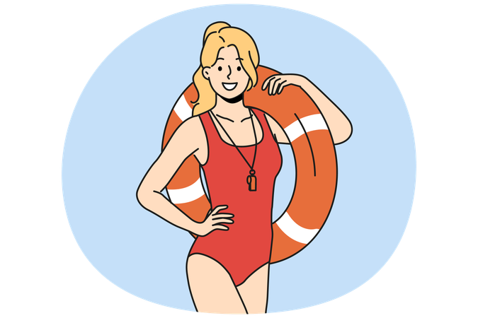 Socorrista sonriente con anillo inflable en las manos  Ilustración